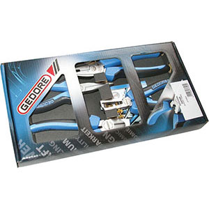 PINZE-TRONCHESI E SPELAFILI IN ASSORTIMENTO Composizione di 4 pezzi:<br>1 pinza Art. 345 G x 180<br>1 pinza Art. 251 GB x 160<br>1 tronchese Art. 570 GB x 160<br>1 pinza Art. 191 GB<br>In scatola di cartone. plier-cutter and strippers 347GR