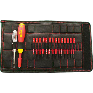 UTENSILI ISOLATI SECONDO LE NORME VDE Composto di 16 utensili:<br>1 impugnatura PORTABITS<br>1 lama Art. 350 GB x 2,5 - 3 - 4 - 5,5<br>1 lama Art. 350 GC x 1 - 2<br>1 lama Art. 350 GE x 1 - 2<br>1 lama Art. 350 GH x 1 - 2<br>1 lama Art. 350 GL x 10 - 15 - 20 - 25<br>1 cercafase per tensioni da 110-250 Volt<br>In robusta borsa arrotolabile. insulated and officially controlled tools under voltage-VDE 350B