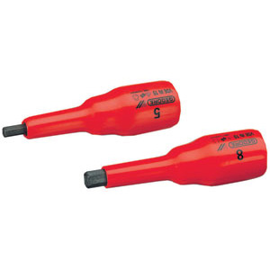 UTENSILI ISOLATI SECONDO LE NORME VDE In acciaio CROMO-VANADIO.<br>Per uso a mano, extra robuste. Attacco quadro da 1/2". Lunghezza mm 106. insulated and officially controlled tools under voltage-VDE 353GR