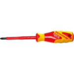 UTENSILI ISOLATI SECONDO LE NORME VDE Lama in acciaio CROMO-VANADIO. Impugnatura in materiale bicomponente. Punta nera. insulated and officially controlled tools under voltage-VDE 353GT 2