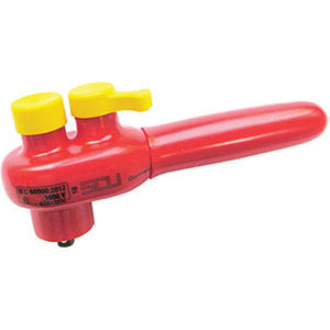 UTENSILI ISOLATI SECONDO LE NORME VDE Con levetta per rotazione destra e sinistra.<br>Attacco quadro 1/4" con dispositivo di fermo per le bussole. insulated and officially controlled tools under voltage-VDE 355GZBE