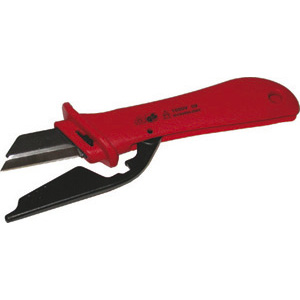 UTENSILI ISOLATI SECONDO LE NORME VDE Robusta lama diritta in acciaio intercambiabile con protezione di sicurezza, adatta per il taglio di cavi.<br>Dorso della lama rivestito. Impugnatura dimensionata per una presa forte e sicura. insulated and officially controlled tools under voltage-VDE 356GRE