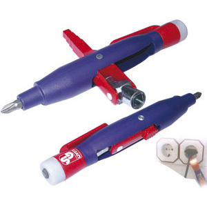 CHIAVI PER ARMADI E QUADRI ELETTRICI Tipo con:<br>1 cercafase con indicatore luminoso (LED) senza contatto per tensioni da 50 V a 600 V (frequenza 50-60 Hz), funzione di controllo del passaggio di corrente alternata, prese di corrente, spine, interruttori elettrici, lampade, cavi di corrente, fusibili ANCHE NON IN TENSIONE. Temperatura di esercizio da 0° a 40°C.<br>1 attacco esagonale magnetico per inserti da 1/4"<br>1 bocca quadra da mm 8<br>1 bocca triangolare da mm 9<br>1 attacco quadro a 4 gradini da mm 6-7-8-9<br>Completo di 2 batterie a bottone 1,5 V (ved. Art. SCU 3600 A). switch key universal wrenches 359GTA