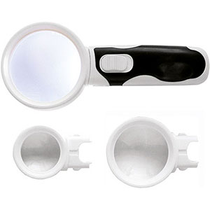 LENTI PER USI TECNICI CON LUCE Composizione:<br>1 lente Ø mm 65 con ingrandimenti 2,5x<br>1 lente Ø mm 50 con ingrandimenti 5x<br>1 lente Ø mm 37 con ingrandimenti 8x white lenses with light 3675P