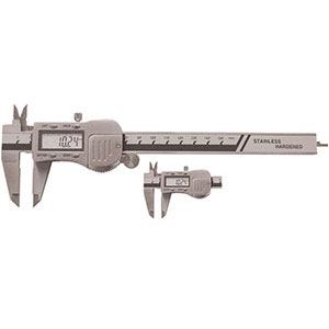 CALIBRI ELETTRONICI DIGITALI Con funzione supplementare "HOLD" (MEMORIA).<br>Con guscio in metallo, asta di profondità piatta. Possibilità di azionamento con o senza rotellina smontabile. Senza predisposizione uscita dati. electronic-digit-calipers 3747VEBA