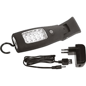 LAMPADE A LED RICARICABILI Lunghezza mm 170, con snodo per inclinare la lampada fino a 180°, gancio orientabile e magnete nella base. A batteria ricaricabile al litio (Li-ion) con cavo di carica USB, in dotazione. Con interruttore. A luce frontale con 3 LED e a luce laterale con 15 LED, con luminosità pari a 56 LUMEN. Autonomia 5 ore circa di uso continuo. led rechargeable cordless lights 4471ME