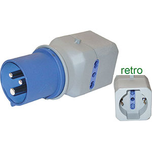 SPINE E PRESE INDUSTRIALI Adattatore con 1 spina CEE a 3 poli (2 fasi 230 V + terra) 16 A e 2 prese bipasso 10 A/16 A, 1 monopasso 10 A  e SCHUKO. industrial plugs and outlets 4474GTS