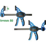 SERRAGIUNTI RAPIDI A CREMAGLIERA Forza di pressione massima 150 kg, con minimo sforzo grazie al movimento a cremagliera.<br>Asta in acciaio, nervata, protezioni in morbida plastica sulle parti prementi.<br>Profondità mm 85. Sezione asta mm 19x5. Altezza ganasce mm 50. one hand bar clamps 5241G 450