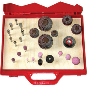 UTENSILI ROTATIVI IN ASSORTIMENTO Composizione:<br>8 frese rotative in acciaio HSS<br>11 mole con gambo<br>7 spazzole rotative<br>L’assortimento completo. burrs and mounted grinding point sets 8134G