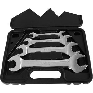 CHIAVI CON DUE BOCCHE A CRICCHETTO IN SERIE Serie di 4 chiavi Art. 873 E 1-2-3-4.<br>Confezione in valigetta plastica. double ended open jaw spanners with ratchet in sets 873F