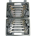 CHIAVI FISSE E A CRICCHETTO COMBINATE IN SERIE Confezione in robusta cassetta plastica.<br>Serie di 12 chiavi Art. 879 GE da mm 8-9-10-11-12-13-14-15-16-17-18-19.<br>1 adattatore per inserti attacco esagonale da 1/4", da usare in combinazione con la chiave Art. 879 GE mm 10<br>1 adattatore per bussole attacco quadro da 1/4", da usare in combinazione con la chiave Art. 879 GE mm 10<br>1 adattatore per bussole attacco quadro da 3/8", da usare in combinazione con la chiave Art. 879 GE mm 13<br>1 adattatore per bussole attacco quadro da 1/2", da usare in combinazione con la chiave Art. 879 GE mm 19. combination open and ratchet-ring spanners sets 879GH