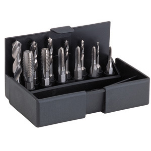 MASCHI CORTI E MASCHI A MANO IN ASSORTIMENTO Contenuto:<br>1 pz. per misura maschi Art. 9092 Ø mm 3-4-5-6-8-10<br>1 pz. per misura punte Art. 8665 Ø mm 2,5-3,3-4,2-5-6,8-8,5<br>1 pz. attacco magnetico da 1/4 esagonale . <br>In astuccio di plastica. threading bits and hand taps in sets 9093