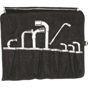CHIAVI A TUBO CON FORO PASSANTE IN SERIE Serie di 8 chiavi Art. 909 Z da mm 6 - 7 - 8 - 10 - 13 - 17 - 19 - 22.<br>Confezione in borsa arrotolabile Art. 2076 GB. double ended socket wrenches bend to 90° sets 909ZE