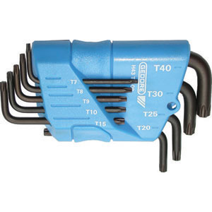CHIAVI PER VITI CON POLIGONO INTERNO IN SERIE Serie di 9 pz. chiavi per viti con impronta TORX da T7 - T8 - T9 - T10 - T15 - T20 - T25 - T30 - T40. <br>In supporto di plastica. socket head screw wrenches sets 912GT 12