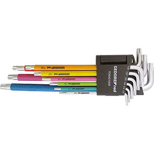 CHIAVI PER VITI CON POLIGONO INTERNO IN SERIE Tipo lungo in acciaio speciale con COLORE diverso per ogni misura, per una individuazione facilitata.<br>Per viti con impronta TORX.<br>Serie di 9 pz. da T10 - T15 - T20 - T25 - T27 - T30 - T40 - T45 - T50.<br>In supporto di plastica. socket head screw wrenches sets 912GT 17A