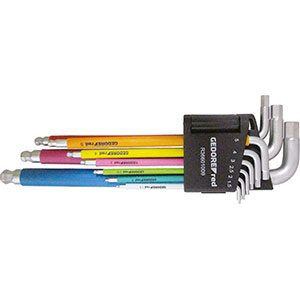 CHIAVI PER ESAGONI INTERNI IN SERIE Tipo lungo in acciaio speciale con COLORE diverso per ogni misura, per una individuazione facilitata.<br>Con estremità a sfera per uso inclinato fino a 30°, l'altra estremità per uso normale.<br>Serie di 9 pz. mm 1,5 - 2 - 2,5 - 3 - 4 - 5 - 6 - 8 - 10.<br>In supporto di plastica. allen head screw wrenches sets 913GFC