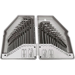 CHIAVI PER ESAGONI INTERNI IN SERIE Serie di 30 pz. <br>Doppia testa esagonale da mm 0,7 - 0,9 -1,3 e da poll 0,028 - 0,035 - 0,050<br>Testa a sfera da mm 1,5 - 2 - 2,5 - 3 - 4 - 4,5 - 5 - 5,5 - 6 - 7 - 8 - 10 e da poll 1/16 - 5/64 - 3/32 - 7/64 - 1/8 - 9/64 - 5/32 - 3/16 - 7/32 - 1/4 - 5/16 - 3/8<br>In cassetta di plastica. allen head screw wrenches sets 913GFT