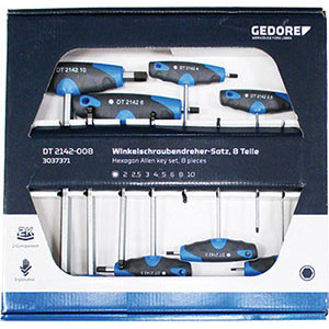 CHIAVI PER ESAGONI INTERNI IN SERIE Serie di 8 chiavi Art. 913 GS da mm 2 - 2,5 - 3 - 4 - 5 - 6 - 8 - 10.<br>In confezione. allen head screw wrenches sets 913GVP