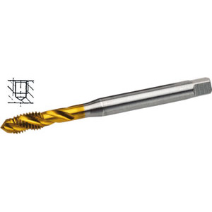 MASCHI PER USO A MACCHINA HSS-E-TIN. Tipo con elica a circa 35°, per filettature profonde superiori a 1 1/2 il diametro. Imbocco corto. Per metalli fino a R 900 N/mm², acciai legati e non legati, per elevate prestazioni. Fori ciechi profondi.<br>Con rivestimento TIN. machine taps 9196G 10