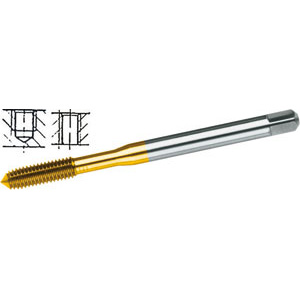 MASCHI PER USO A MACCHINA HSS-E. Imbocco corto senza produzione di truciolo, per alluminio e sue leghe, metalli non ferrosi, acciai legati e non legati fino a R 900 N/mm², acciai INOX. Tipo A RULLARE con canali di espulsione del refrigerante per elevate prestazioni. Fori passanti e ciechi.<br>Con rivestimento TIN. machine taps 9202G 10