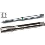 MASCHI A MACCHINA CON COLLARINI COLORATI AD ALTA EFFICIENZA Gambo rinforzato (da mm 12, gambo passante),imbocco corretto per fori passanti.<br>Filettatura: Metrica - Passo grosso M - DIN 13 (DIN 371/376).<br>Uso destro.<br>Per acciai non legati fino a 1000 N/mm², ghisa, alluminio, rame, ottone e materiali a truciolo lungo. taps with coloured rings 9271GL 8