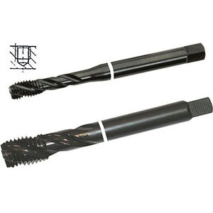 MASCHI A MACCHINA CON COLLARINI COLORATI AD ALTA EFFICIENZA Gambo rinforzato (da mm 12, gambo passante), con elica a 39° per fori ciechi profondi.<br>Filettatura: Metrica - Passo grosso M - DIN 13 (DIN 371/376).<br>Uso destro.<br>Per tutti i tipi di acciai INOX e acciai a truciolo lungo con R fino a 1000 N/mm². taps with coloured rings 9272GP 10