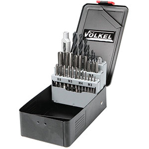 UTENSILI PER FILETTARE IN ASSORTIMENTO Contenuto:<br>1 serie per misura maschi a mano in HSS M 3-4-5-6-8-10-12<br>1 pz. per misura punte in HSS da mm 2,5-3,3-4,2-5-6,8-8,5-10,2<br>1 giramaschi regolabile Gr. 1 1/2.<br>In cassetta. complete taps and dies sets 9408GE