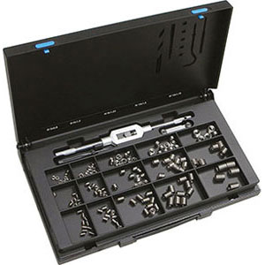 INSERTI FILETTATI IN ACCIAIO INOX Contenuto:<br>10 pz. per misura inserti Art. 9500 G 5x0,8/5x0,8A/5x0,8B/6x1/6x1A/6x1B/8x1,25/8x1,25A/8x1,25B/10x1,5/10x1,5A/10x1,5B<br>5 pz. per misura inserti Art. 9500 G 12x1,75/12x1,75A/12x1,75B<br>5 punte in HSS mm 5,2/6,3/8,3/10,4/12,4<br>5 pz. maschi Art. 9501 G 5x0,8/6x1/8x1,25/10x1,5/12x1,75<br>5 pz. utensili applicatori Art. 9502 GA Gr. 8/9/11/13/15<br>5 pz. utensili troncatori Art. 9502 GB Gr. 8/9/11/13/15<br>1 pz. giramaschi Art. 9476 G 2<br>1 pz. contafiletti<br>In cassetta. thread inserts in stainless steel 9504C