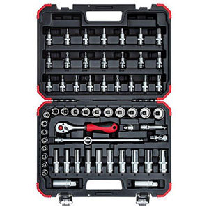CHIAVI A BUSSOLA IN SERIE Contenuto 59 utensili. <br>Composizione:<br>18 bussole poligonali mm 6 -7 - 8 - 9 - 10 - 11 - 12 - 13 - 14 - 15 - 16 - 17 - 18 - 19 - 20 - 21 - 22 -24<br>10 bussole esagonali lunghe da mm 8 - 9 - 10 - 11 - 12 - 13 - 14 - 15 - 17 - 19<br>7 bussole con esagono esterno da mm 3 - 4 - 5 - 6 - 7 - 8 - 10<br>3 bussole a giravite taglio diritto da mm 5,5 - 7 - 8<br>2 bussole a giravite taglio a croce PH 1 - 2<br>2 bussole a giravite taglio a croce PZD 1 - 2<br>9 bussole a giravite con impronta esterna TORX da T15 - 20 - 25 - 27 - 30 - 40 - 45 - 50 - 55<br>2 bussole per candele da mm 16 - 21<br>1 leva a cricco con levetta e sgancio rapido<br>2 prolunghe fisse da mm 75 - 150<br>1 snodo a cardano<br>1 bussola di riduzione attacco quadro da 3/8" a 1/4"<br>1 adattatore scorrevole attacco quadro da 1/2" a 3/8"<br>Assortimento completo. sockets sets 954GV