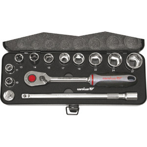 CHIAVI A BUSSOLA IN SERIE Contenuto 12 utensili.<br>Composizione:<br>10 bussole esagonali Art. 971 RM mm 10 - 11 - 13 - 14 - 15 - 17 - 19 - 22 - 24 - 27<br>1 prolunga/impugnatura a T/maggiorazione da 3/8" a 1/2"<br>1 leva a cricco con levetta, sgancio rapido, testa affusolata, Art. 971 RTE mm 250.<br>Assortimento completo. sockets sets 971B