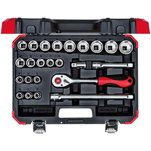 CHIAVI A BUSSOLA IN SERIE Contenuto 24 utensili.<br>Composizione:<br>20 bussole poligonali da mm 10 - 11 - 12 - 13 - 14 - 15 - 16 - 17 - 18 - 19 - 20 - 21 - 22 - 23 - 24 - 26 - 27 - 28 - 30 - 32<br>1 leva a cricco con levetta a sgancio rapido<br>2 prolunghe fisse da mm 125 - 250<br>1 adattatore scorrevole attacco quadro da 3/8" a 1/2"<br>Assortimento completo. sockets sets 971GPL