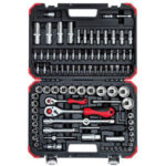 CHIAVI A BUSSOLA IN SERIE Contenuto 94 utensili.<br>Composizione:<br>19 bussole esagonali, attacco 1/2", da mm 10 - 11 - 12 - 13 - 14 - 15 - 16 - 17 - 18 - 19 - 20 - 21 - 22 - 23 - 24 - 27 - 28 - 30 - 32<br>4 bussole esagonali lunghe (mm 77), attacco 1/2", da mm 14 - 15 - 17 - 19<br>2 bussole per candele, attacco 1/2", da mm 16 - 21<br>1 leva a cricco con levetta a sgancio rapido, attacco 1/2"<br>2 prolunghe fisse da mm 125 - 250, attacco 1/2"<br>1 leva scorrevole, attacco 1/2"<br>1 snodo a cardano, attacco 1/2"<br>1 adattatore scorrevole attacco quadro da 3/8" a 1/2"<br>1 adattatore a bussola per inserti, attacco quadro 1/2" attacco esagonale 5/16"<br>13 bussole esagonali, attacco 1/4", da mm 4 - 4,5 - 5 - 5,5 - 6 - 7 - 8 - 9 - 10 - 11 - 12 - 13 - 14<br>8 bussole esagonali lunghe (mm 50), attacco 1/4", da mm 6 - 7 - 8 - 9 - 10 - 11 - 12 - 13<br>4 bussole con esagono esterno, attacco 1/4", da mm 3 - 4 - 5 - 6<br>3 bussole a giravite taglio diritto, attacco 1/4", da mm 4 - 5,5 - 6,5<br>2 bussole a giravite a croce, attacco 1/4", PH 1 - 2<br>2 bussole a giravite a croce, attacco 1/4", PZD 1 - 2<br>7 bussole a giravite con impronta TORX, attacco 1/4", da T8 - 10 - 15 - 20 - 25 - 27 - 30<br>1 leva a cricco con levetta a sgancio rapido, attacco 1/4"<br>2 prolunghe fisse da mm 50 - 100, attacco 1/4"<br>1 leva scorrevole, attacco 1/4"<br>1 snodo a cardano, attacco 1/4"<br>1 adattatore scorrevole attacco quadro da 1/2" a 3/8"<br>1 adattatore a bussola per inserti, attacco quadro 3/8" attacco esagonale 5/16"<br>4 inserti ad esagono esterno, attacco 5/16", da mm 8 - 10 - 12 - 14<br>3 inserti taglio diritto, attacco 5/16", da mm 8 - 10 - 12<br>2  inserti a croce, attacco 5/16", PH 3 - 4<br>2  inserti a croce, attacco 5/16", PZD 3 - 4<br>4 inserti con impronta TORX, attacco 5/16", da T40 - 45 - 50 - 55<br>3 chiavi per esagoni interni da mm 1,5 - 2 - 2,5<br>Assortimento completo. sockets  sets 971GTE