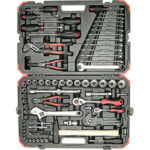 CHIAVI A BUSSOLA IN SERIE Contenuto 100 utensili.<br>Composizione:<br>20 bussole esagonali, attacco 1/2", da mm 10 - 11 - 12 - 13 - 14 - 15 - 16 - 17 - 18 - 19 - 20 - 21 - 22 - 23 - 24 - 26 - 27 - 28 - 30 - 32<br>1 leva a cricco con levetta a sgancio rapido, attacco 1/2"<br>2 prolunghe fisse da mm 125 - 250, attacco 1/2"<br>1 leva scorrevole, attacco 1/2" con adattatore scorrevole attacco quadro femmina 3/8"<br>1 snodo a cardano, attacco 1/2"<br>12 bussole esagonali, attacco 1/4", da mm 4 - 4,5 - 5 - 5,5 - 6 - 7 - 8 - 9 - 10 - 11 - 12 - 13<br>1 leva a cricco con levetta a sgancio rapido, attacco 1/4"<br>2 prolunghe fisse da mm 50 - 100, attacco 1/4"<br>1 asta portabussole con impugnatura, attacco 1/4"<br>1 leva scorrevole, attacco 1/4"<br>1 snodo a cardano, attacco 1/4"<br>1 adattatore a bussola per inserti, attacco quadro 1/4" attacco esagonale 1/4"<br>6 inserti ad esagono esterno, attacco 1/4", da mm 3 - 4 - 5 - 6 - 8 - 10<br>3 inserti taglio diritto, attacco 1/4", da mm 4 - 5,5 - 7<br>4  inserti a croce, attacco 1/4", PH 1 - 2 - 3 - 4<br>3  inserti a croce, attacco 1/4", PZD 1 - 2 - 3<br>8 inserti con impronta TORX, attacco 1/4", da T8 -10 - 15 - 20 - 25 - 27 - 30 - 40<br>9 chiavi per esagoni interni con una estremità a sfera, da mm 1,5 - 2 - 2,5 - 3 - 4 - 5 - 6 -8 - 10<br>12 chiavi combinate con teste a 15°, da mm  8 - 9 -10 -11 -12 - 13 -14 -15 -16 -17 -18 -19<br>1 chiave a rullino da mm 250<br>1 martello da grammi 500<br>1 pinza a becchi mezzotondi da mm 200<br>1 tronchese laterale da mm 185<br>1 pinza regolabile da mm 250<br>3 giraviti a taglio mm 80x4 - 100x5,5 (2)<br>3 giraviti a croce PH 1 - 2 - 3<br>Assortimento completo. sockets  sets 971GTP