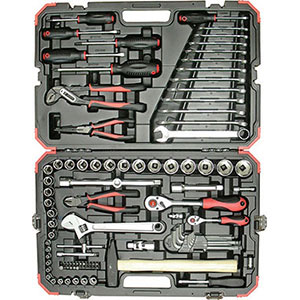 CHIAVI A BUSSOLA IN SERIE Contenuto 100 utensili.<br>Composizione:<br>20 bussole esagonali, attacco 1/2", da mm 10 - 11 - 12 - 13 - 14 - 15 - 16 - 17 - 18 - 19 - 20 - 21 - 22 - 23 - 24 - 26 - 27 - 28 - 30 - 32<br>1 leva a cricco con levetta a sgancio rapido, attacco 1/2"<br>2 prolunghe fisse da mm 125 - 250, attacco 1/2"<br>1 leva scorrevole, attacco 1/2" con adattatore scorrevole attacco quadro femmina 3/8"<br>1 snodo a cardano, attacco 1/2"<br>12 bussole esagonali, attacco 1/4", da mm 4 - 4,5 - 5 - 5,5 - 6 - 7 - 8 - 9 - 10 - 11 - 12 - 13<br>1 leva a cricco con levetta a sgancio rapido, attacco 1/4"<br>2 prolunghe fisse da mm 50 - 100, attacco 1/4"<br>1 asta portabussole con impugnatura, attacco 1/4"<br>1 leva scorrevole, attacco 1/4"<br>1 snodo a cardano, attacco 1/4"<br>1 adattatore a bussola per inserti, attacco quadro 1/4" attacco esagonale 1/4"<br>6 inserti ad esagono esterno, attacco 1/4", da mm 3 - 4 - 5 - 6 - 8 - 10<br>3 inserti taglio diritto, attacco 1/4", da mm 4 - 5,5 - 7<br>4 inserti a croce, attacco 1/4", PH 1 - 2 - 3 - 4<br>3 inserti a croce, attacco 1/4", PZD 1 - 2 - 3<br>8 inserti con impronta TORX, attacco 1/4", da T8 -10 - 15 - 20 - 25 - 27 - 30 - 40<br>9 chiavi per esagoni interni con una estremità a sfera, da mm 1,5 - 2 - 2,5 - 3 - 4 - 5 - 6 -8 - 10<br>12 chiavi combinate con teste a 15°, da mm 8 - 9 -10 -11 -12 - 13 -14 -15 -16 -17 -18 -19<br>1 chiave a rullino da mm 250<br>1 martello da grammi 500<br>1 pinza a becchi mezzotondi da mm 200<br>1 tronchese laterale da mm 185<br>1 pinza regolabile da mm 250<br>3 giraviti a taglio mm 80x4 - 100x5,5 (2)<br>3 giraviti a croce PH 1 - 2 - 3<br>Assortimento completo. sockets sets 971GTP