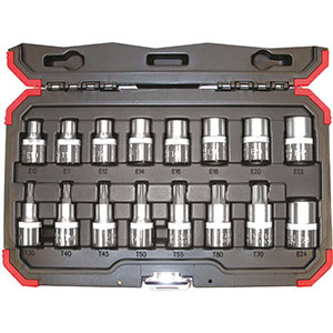 CHIAVI A BUSSOLA IN SERIE Assortimento di chiavi a bussola con impronta interna/esterna TORX con attacco da 1/2".<br>Contenuto 16 utensili.<br>Composizione:<br>9 bussole Art. 971 RPT 10 - 11 - 12 - 14 - 16 - 18 - 20 - 22 - 24<br>7 bussole Art. 971 RQT 30 - 40 - 45 - 50 - 55 - 60 - 70<br>Assortimento completo. sockets sets 971P