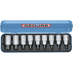 CHIAVI A BUSSOLA IN SERIE Per viti con impronta interna TORX.<br>Contenuto 9 utensili.<br>Composizione:<br>9 bussole Art. 969 RS 20 - 25 - 27 - 30 - 40 - 45 - 50 - 55 - 60<br>In cassetta.<br>Assortimento completo sockets sets 972GH