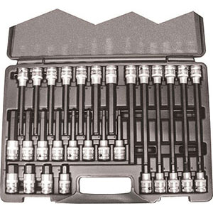 CHIAVI A BUSSOLA IN SERIE Per viti con esagono interno.<br>Contenuto 30 utensili.<br>Composizione:<br>9 bussole, lungh. mm 55, da mm 5 - 6 - 7 - 8 - 10 - 12 - 14 - 17 - 19<br>8 bussole, lungh. mm 100, da mm 5 - 6 - 7 - 8 - 10 - 11 - 12 - 13<br>7 bussole, lungh. mm 140, da mm 5 - 6 - 7 - 8 - 10 - 12 - 14<br>6 bussole, lungh. mm 200, da mm 5 - 6 - 7 - 8 - 10 - 12<br>In robusta cassetta plastica.<br>Assortimento completo. sockets sets 972GT