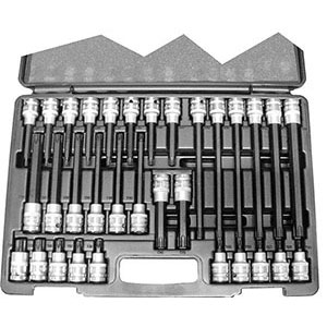 CHIAVI A BUSSOLA IN SERIE Per viti con impronta interna TORX.<br>Contenuto 32 utensili.<br>Composizione:<br>10 bussole, lungh. mm 55, da T 20 - 25 - 27 - 30 - 40 - 45 - 50 - 55 - 60 - 70<br>10 bussole, lungh. mm 100, da T 20 - 25 - 27 - 30 - 40 - 45 - 50 - 55 - 60 - 70<br>6 bussole, lungh. mm 140, da T 40 - 45 - 50 - 55 - 60 - 70<br>6 bussole, lungh. mm 200, da T 40 - 45 - 50 - 55 - 60 - 70<br>In robusta cassetta plastica.<br>Assortimento completo. sockets sets 972GV