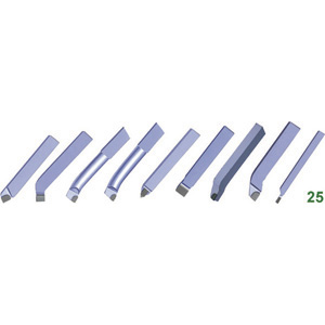 UTENSILI PER TORNIO IN ASSORTIMENTO Composizione:<br>1 pz. per tipo Art. 9770 G 25 - 9772 G 25 - 9774 G 25 - 9775 G 25 - 9776 G 25 - 9777 G 25 - 9780 G 25 - 9782 G 25 - 9784 G 25.<br>In cassetta di plastica. carbide tipped turning tools in sets 9789G 25