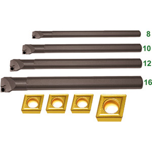 PORTAINSERTI PER TORNITURA A FISSAGGIO MECCANICO Composizione:<br>1 pz. per tipo Art. 9809 E 8 - 10 - 12 - 16<br>3 pz. Art. 9833 P 8<br>1 pz. Art. 9833 P 16<br>In scatola cartone. holder for cutting bit tools 9809F