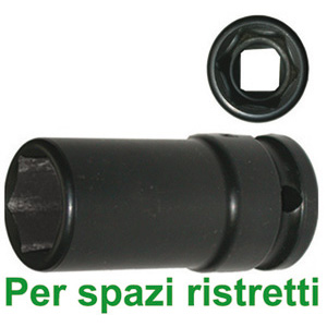 BUSSOLE PER AVVITATORI ATTACCO 1/2 DIN 3121-ISO 1174 Bussole esagonali, lunghe, attacco 1/2". A pareti sottili, per spazi ristretti, particolarmente indicate per serraggi di ruote di autoveicoli. <br>Lunghezza totale mm 63. impact socket wrenches 982GCE