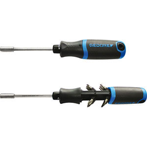 IMPUGNATURE PORTABITS A CRICCO CON ATTACCO MAGNETICO Completo dei seguenti inserti:<br>3 a taglio mm 4,5-5,5-6,5<br>3 a croce PH 1-2-3<br>2 a croce PZ 1-2<br>4 a impronta TORX da T 10-15-20-25 ratchet screwdrivers bits magnetics handles 984GS 5B