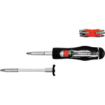 IMPUGNATURE PORTABITS A CRICCO CON ATTACCO MAGNETICO Completo dei seguenti inserti:<br>3 a taglio mm 4 - 4,5 - 5,5<br>3 a croce PH 1 - 2 - 3<br>2 a croce PZ 1 - 2<br>4 a impronta TORX da T 10 - 15 - 20 - 25<br>1 ad esagono mm 4 ratchet screwdrivers bits magnetics handles 984GTP