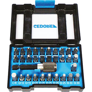 BITS IN ASSORTIMENTO Contenuto 32 utensili.<br>Composizione:<br>1 bit per tipo a taglio mm 4,5x0,6 - 6,5x1,2<br>2 bits a taglio mm 5,5x1,0<br>2 bits a croce PH 1<br>3 bits a croce PH 2<br>1 bit a croce PH 3<br>2 bits a croce PZ 1<br>4 bits a croce PZ 2<br>1 bit a croce PZ 3<br>1 bit per tipo a esagono mm 3 - 4 - 5 - 6<br>1 bit per tipo ad impronta TORX da T 10 - 15 - 40<br>2 bits per tipo ad impronta TORX da T 20 - 30<br>3 bits per tipo ad impronta TORX da T 25<br>1 attacco magnetico con ghiera per cambio rapido dei bits attacco 1/4"<br>Assortimento completo. bits sets 984GZA 32