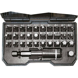 BITS IN ASSORTIMENTO Contenuto 32 utensili.<br>Composizione:<br>3 bits a taglio mm 4,5x0,6 - 5,5x1,0 - 6,5x1,2<br>2 bits per tipo a croce PH 1 - 2 - 3<br>2 bits per tipo a croce PZ 1 - 2 - 3<br>1 bit per tipo a esagono mm 3 - 4 - 5<br>2 bits per tipo ad impronta TORX da T 10 - 15 - 20 - 25 - 30 - 40<br>1 attacco magnetico con ghiera per cambio rapido dei bits attacco 1/4"<br>1 adattatore a bussola per inserti attacco quadro 1/4" e attacco esagonale 1/4".<br>Assortimento completo. bits sets 984GZA 4