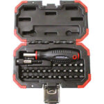 BITS CON IMPUGNATURA IN ASSORTIMENTO Contenuto 32 utensili.<br>Composizione:<br>30 bits con attacco C 6,3 e lunghezza mm 25, così suddivisi:<br>9 bits a croce PH Gr. 1 - 2 - 3<br>9 bits a croce PZ Gr. 1 - 2 - 3<br>3 bits a taglio mm mm 4,5 - 5,5 - 6,5<br>6 bits ad impronta TORX da T 10 - 15 - 20 - 25 - 30 - 40<br>3 bits ad esagono mm 4 - 5 - 6<br>1 attacco magnetico, a cambio rapido, att. 1/4" lungh. mm 60<br>Assortimento completo. bits sets with handles 984GZD