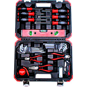 VALIGIE CON UTENSILI PER USO UNIVERSALE Composto di: 43 utensili<br>1 pinza universale mm 180<br>1 pinza becchi mezzotondi lunghi mm 200<br>1 tronchese mm 160<br>1 coltello universale con 4 lame di ricambio<br>10 lame sciolte per coltello universale<br>1 giravite a taglio mm 3x75<br>3 giraviti a taglio con superficie battente mm 4x75, 5,5x100, 6,5x125<br>2 giraviti a croce PH con superficie battente gr. 1 e 2<br>9 chiavi per esag. interni con sfera mm 1,5 - 2 - 2,5 - 3 - 4 - 5 - 6 - 8 - 10, tipo lungo<br>9 chiavi per viti con impronta TORX T10 - 15 - 20 - 25 - 27 - 30 - 40 - 45 - 50<br>1 flessometro da mm 5<br>1 livella con magnete sulla base mm 300<br>Assortimento completo. tolls in cases 986GC