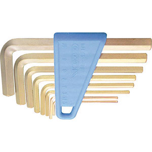 UTENSILI DI SICUREZZA ANTISCINTILLA Serie di 8 pz. Art. 9922 da mm 2-2,5-3-4-5-6-8-10.<br>In lega bronzo-alluminio ( (misure mm 1,5 - 2 - 2 ,5 in lega rame-berillio). In supporto di plastica. safety hand tools 9922G