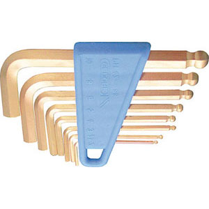 UTENSILI DI SICUREZZA ANTISCINTILLA Serie di 8 pz. Art. 9923 da mm 2-2,5-3-4-5-6-8-10.<br>In lega rame-berillio. In supporto di plastica. safety hand tools 9923G