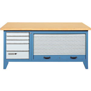 BANCHI DA LAVORO Un piano dimensioni mm 2000x875.<br>Una cassettiera a 5 cassetti altezza mm 79(3) / 160(1) / 180(1).<br>Un ampio vano con ripiano divisorio.<br>Chiusura a serratura e saracinesca.<br>Peso kg 157. work benches 994GL